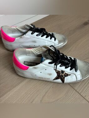 Golden Goose White Sneakers with Hot Pink Heel & Leopard Star
